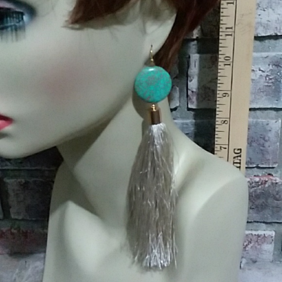 Turquoise disc tassel earrings 1" diameter cut 2 f - Picture 7 of 7